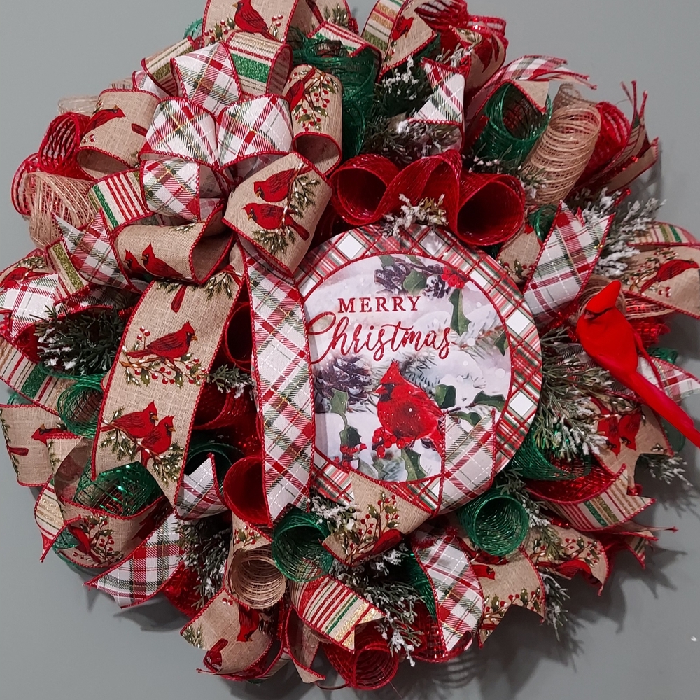Holiday Cardinal Wreath with Red and Green Accents